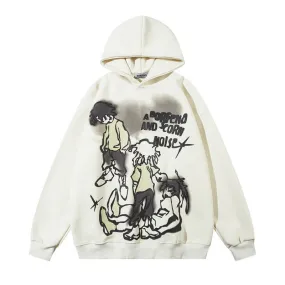 Cartoon Line Characters Print Pullover Hoodie