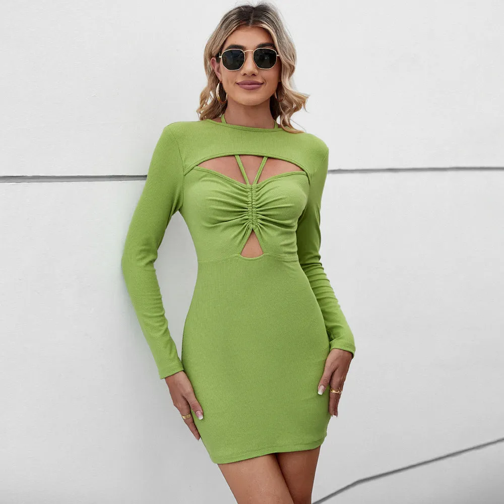 Casual Hollow Out Neck Hanging Package Hip Short-Length Long Sleeve Dress