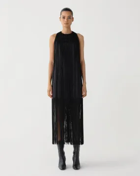 Celeste Fringe Dress in Duchess Silk, Black