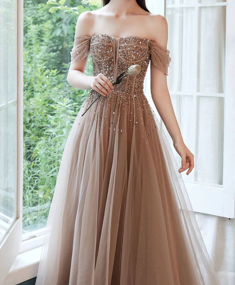 Champagne Tulle Sequin Beads Long Prom Dress Tulle Formal Dress