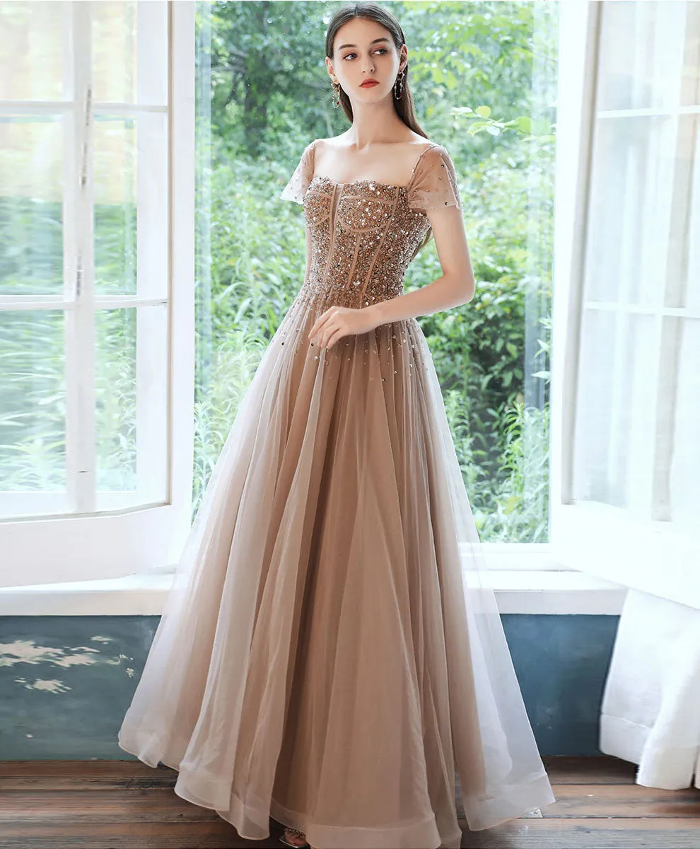 Champagne Tulle Sequin Beads Long Prom Dress Tulle Formal Dress