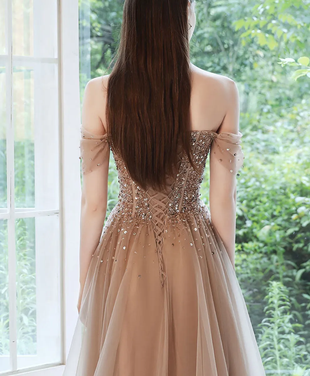 Champagne Tulle Sequin Beads Long Prom Dress Tulle Formal Dress