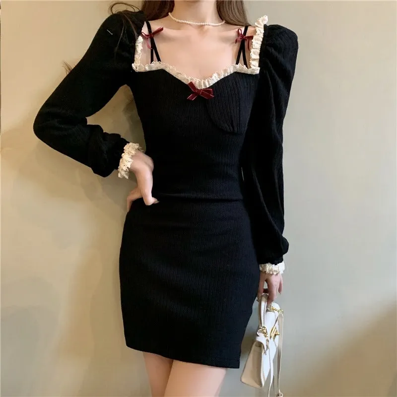 Christmas Red Black Strap Knit Short Dress