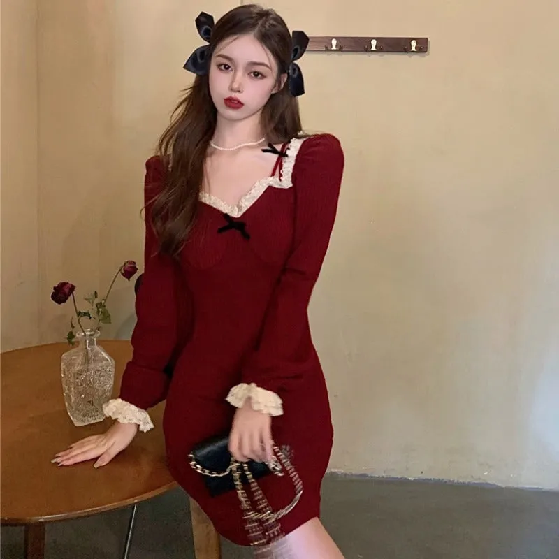 Christmas Red Black Strap Knit Short Dress