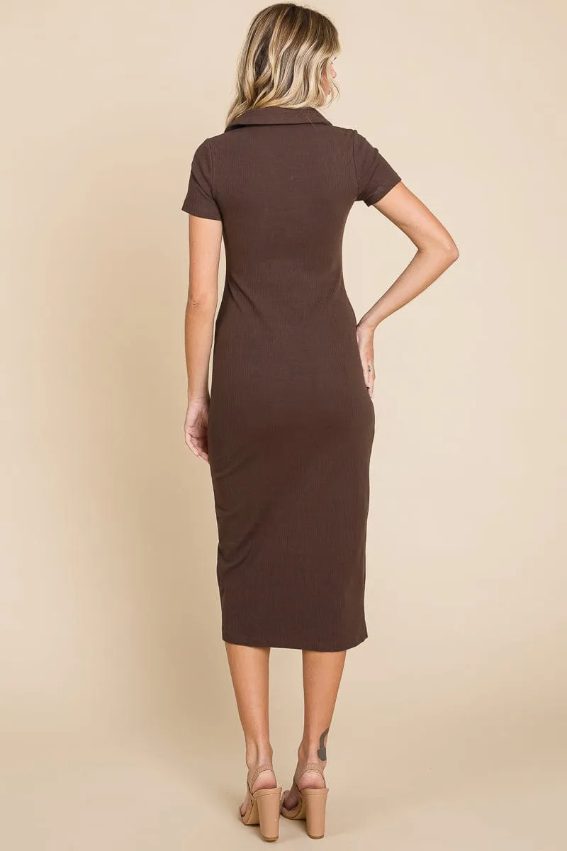 Collared Side Split Ribbed Bodycon Midi Dress