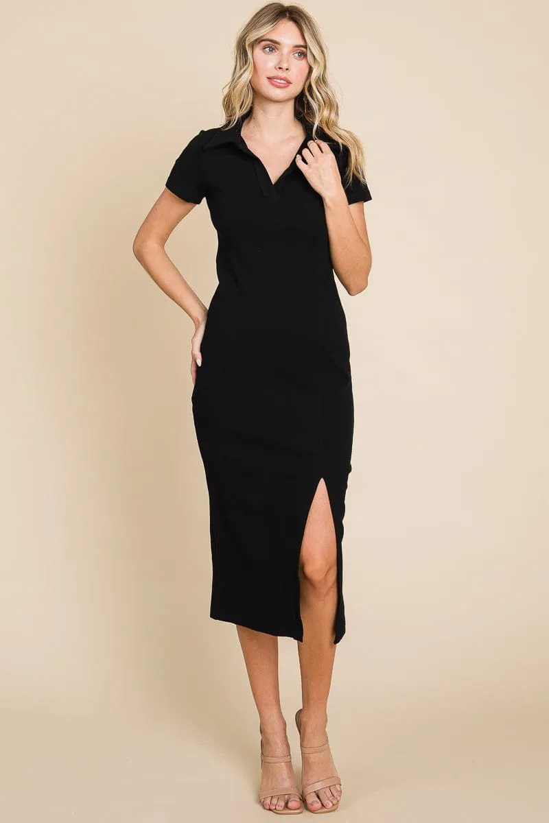 Collared Side Split Ribbed Bodycon Midi Dress