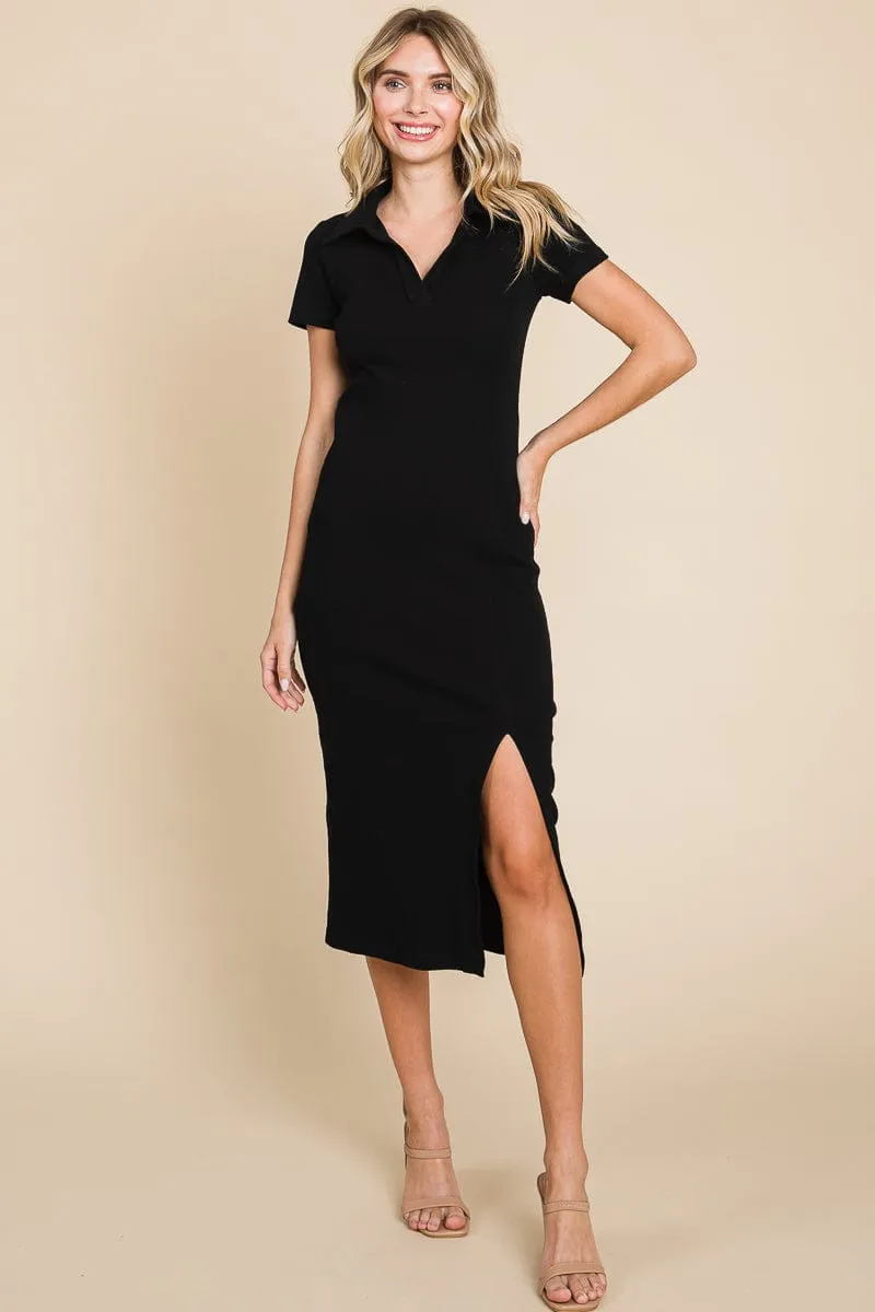 Collared Side Split Ribbed Bodycon Midi Dress