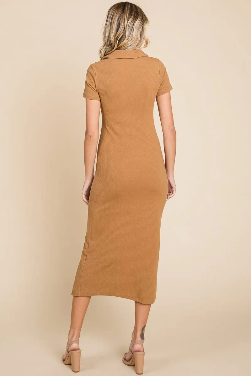 Collared Side Split Ribbed Bodycon Midi Dress