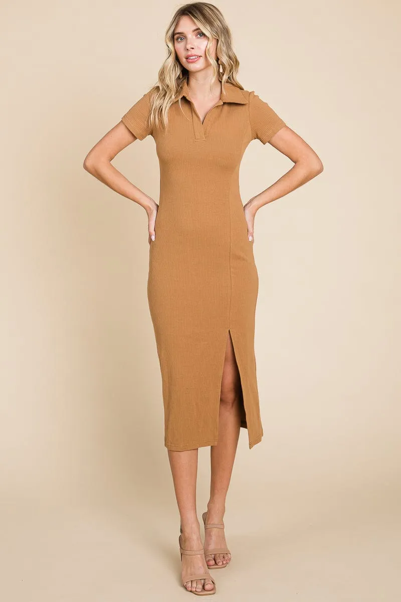 Collared Side Split Ribbed Bodycon Midi Dress