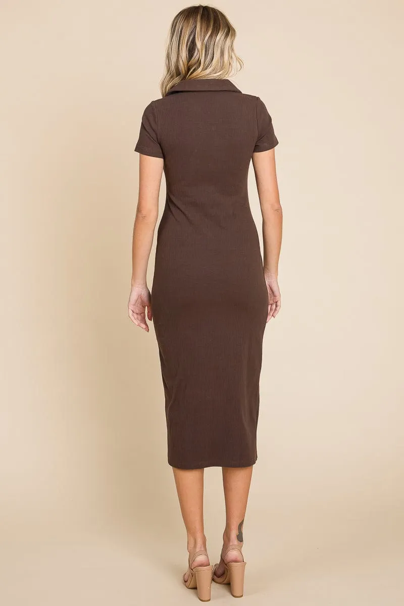 Collared Side Split Ribbed Bodycon Midi Dress