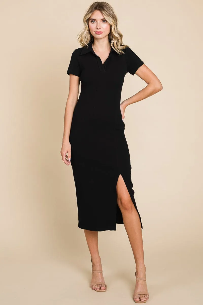 Collared Side Split Ribbed Bodycon Midi Dress