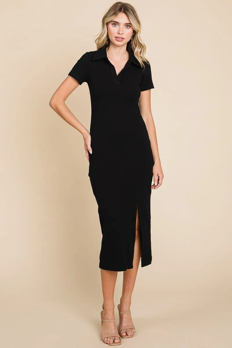 Collared Side Split Ribbed Bodycon Midi Dress