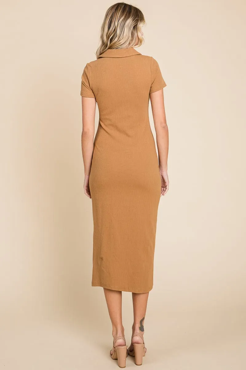 Collared Side Split Ribbed Bodycon Midi Dress