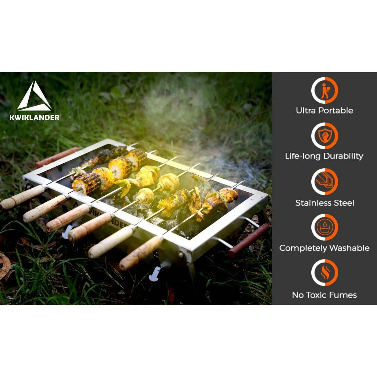 Compact Portable Foldable Stainless Steel Tandoor Charcoal Barbeque BBQ Grill Set with 4 Skewers, Tongs, Bag, Charcoal Tray   Top Cooking Grate