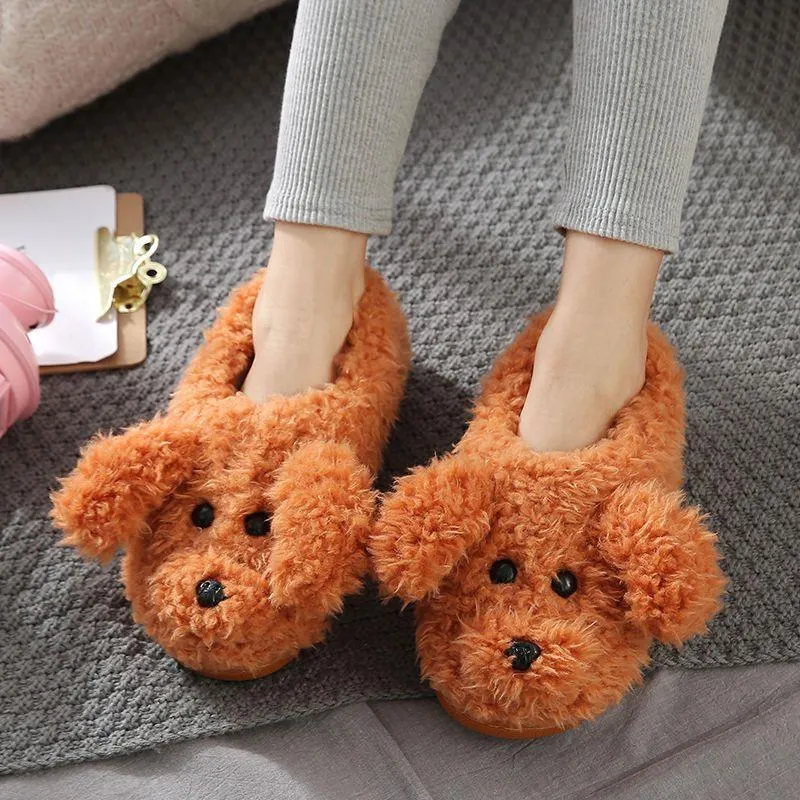 Comwarm Cute Dog Short Plush Slippers For Women 2023 Winter Warm Furry Cotton Shoes Couples Home Indoor Bedroom Cozy Slippers