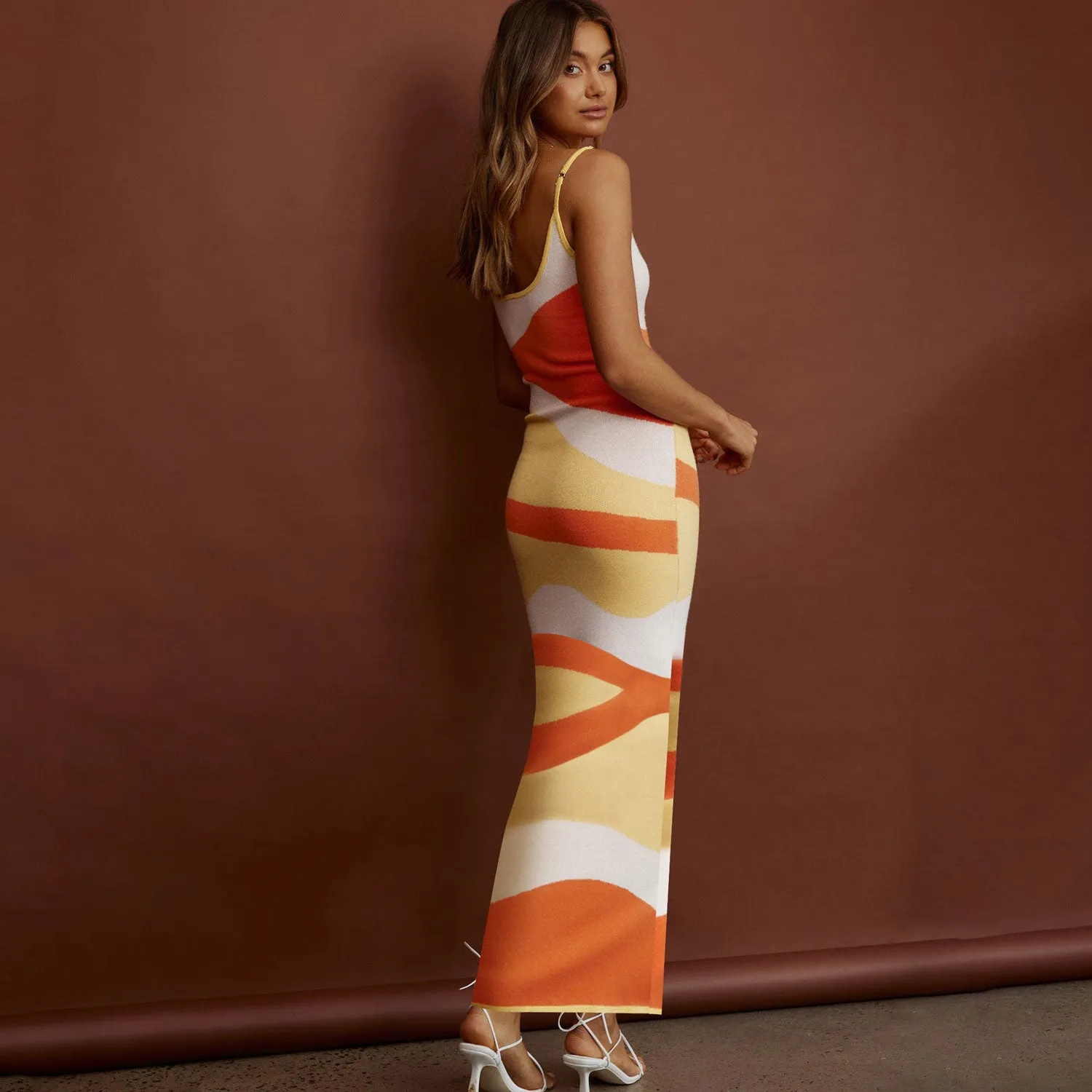 Contrast Abstract Print Scoop Neck Spaghetti Strap Bodycon Maxi Slip Sweater Dress