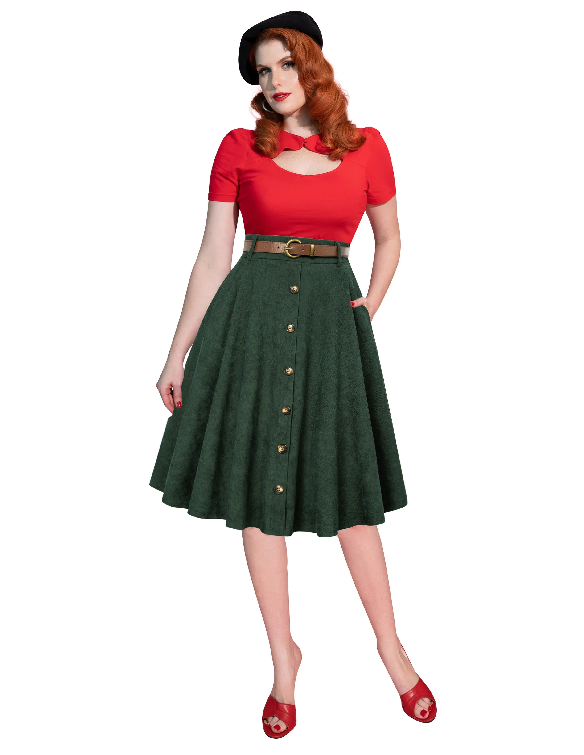 Corduroy Skirt with Belt Elastic High Waist Mid-Calf Swing Skirt