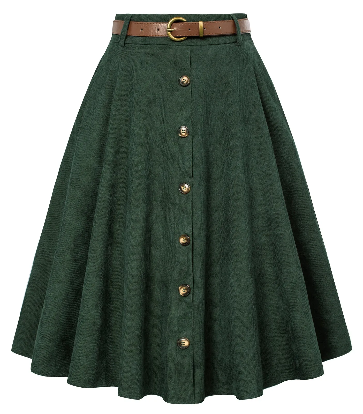 Corduroy Skirt with Belt Elastic High Waist Mid-Calf Swing Skirt