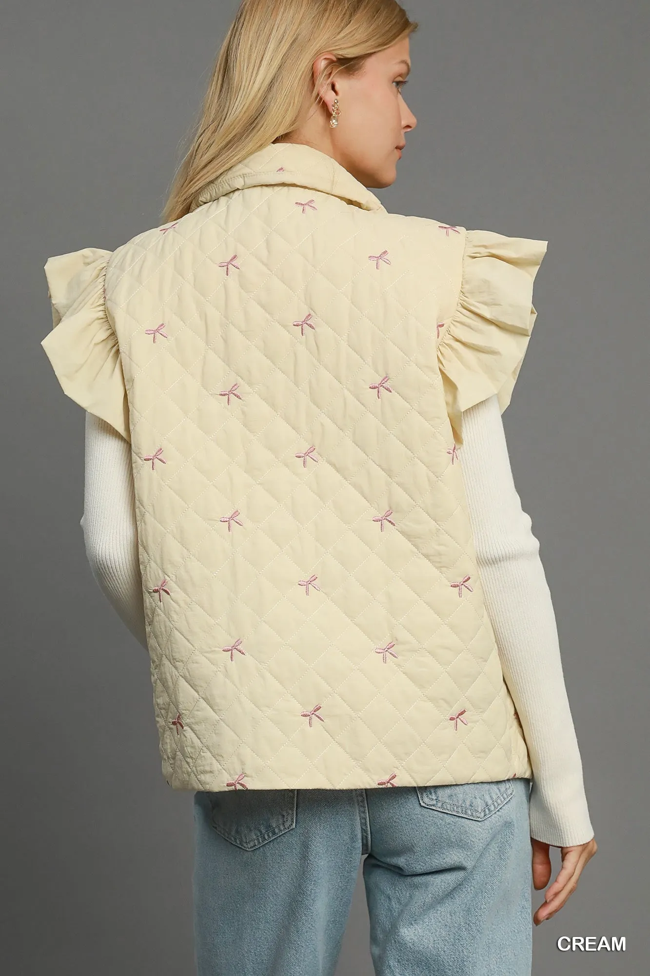 Cream w/ Pink Ribbon Embroidery Quilted Vest Jacket