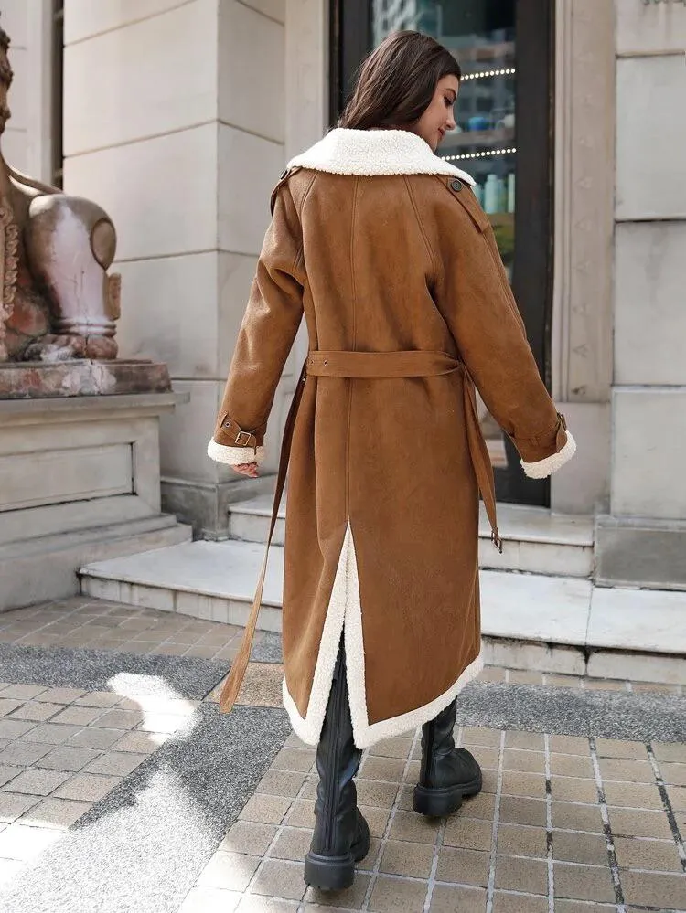 Double Breasted Teddy Lined Belted Faux Suede Coat