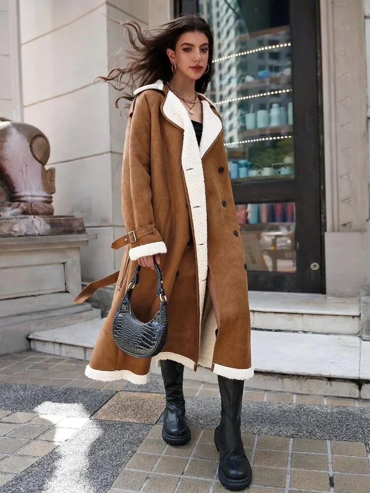 Double Breasted Teddy Lined Belted Faux Suede Coat