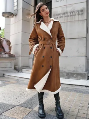 Double Breasted Teddy Lined Belted Faux Suede Coat