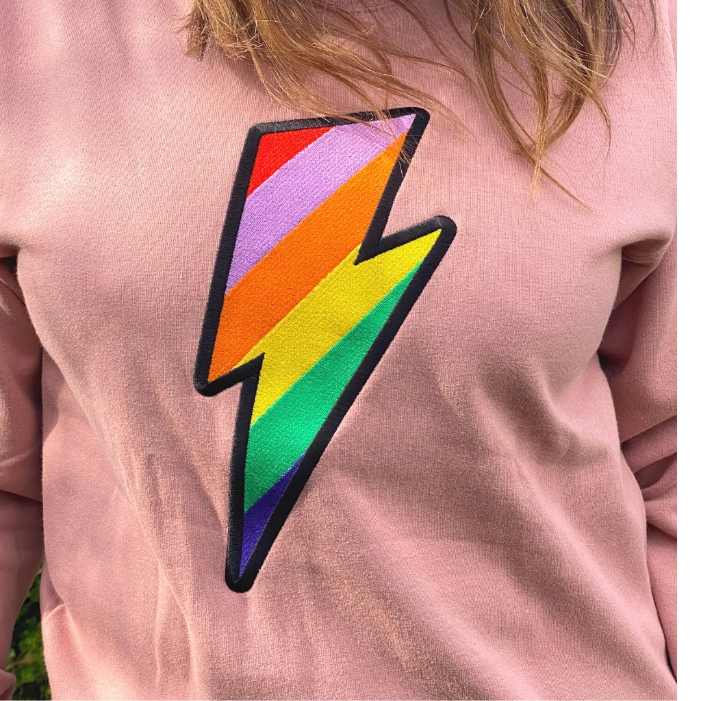 Dusty Pink Embroidered Rainbow Lightning Bolt Sweatshirt