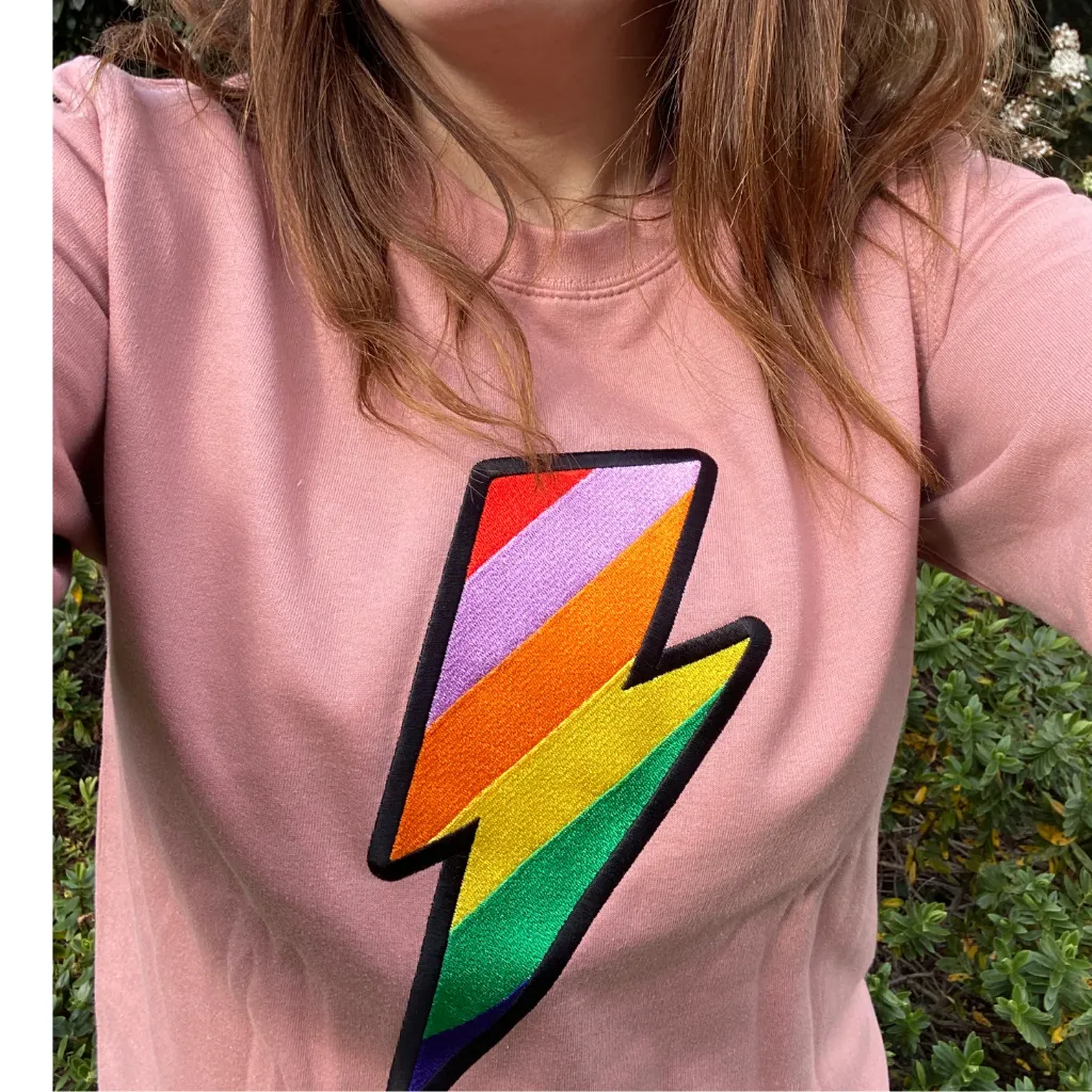 Dusty Pink Embroidered Rainbow Lightning Bolt Sweatshirt