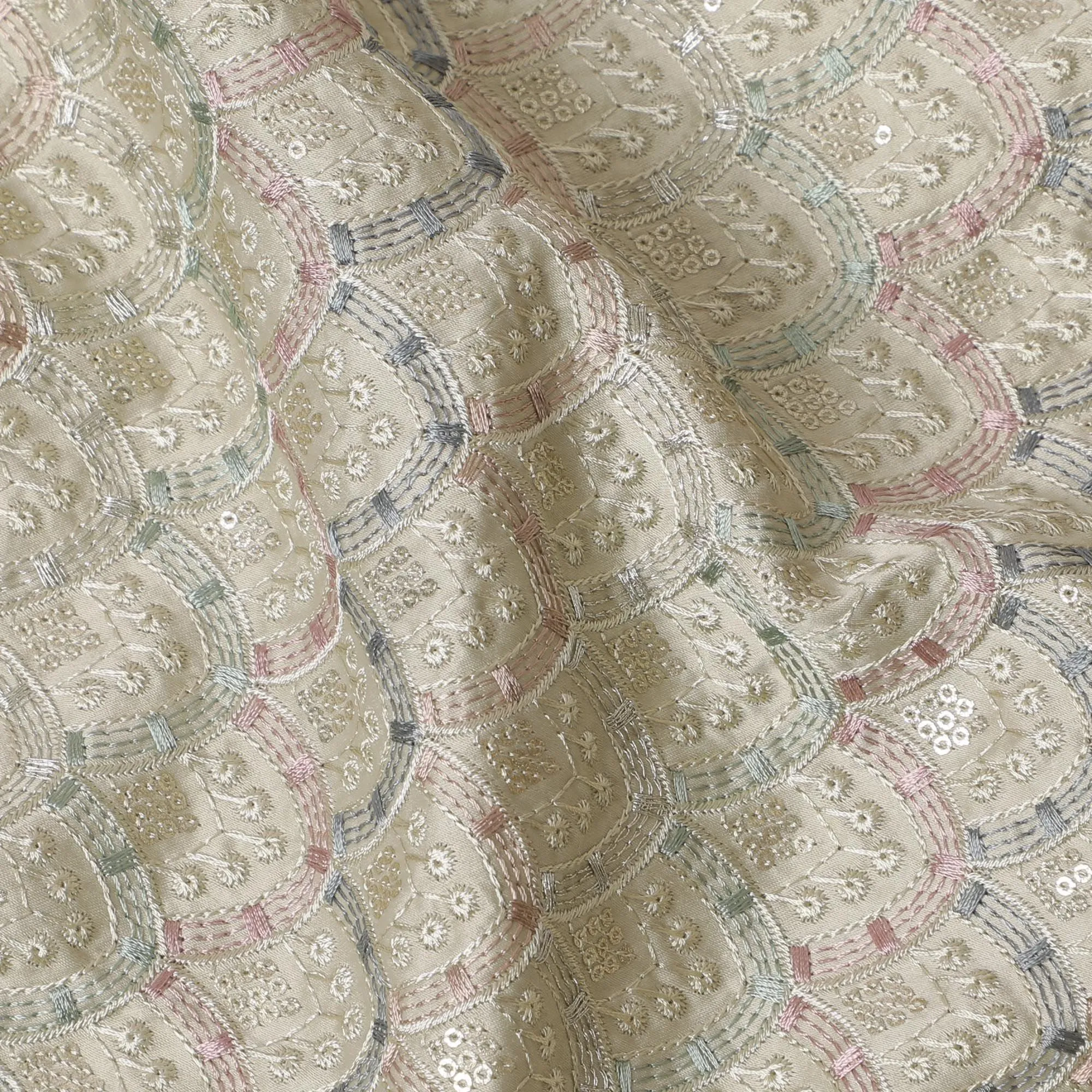 Elegant Embroidered Synthetic Satin Fabric - 110cm Wide, Classic Design from India-D18544