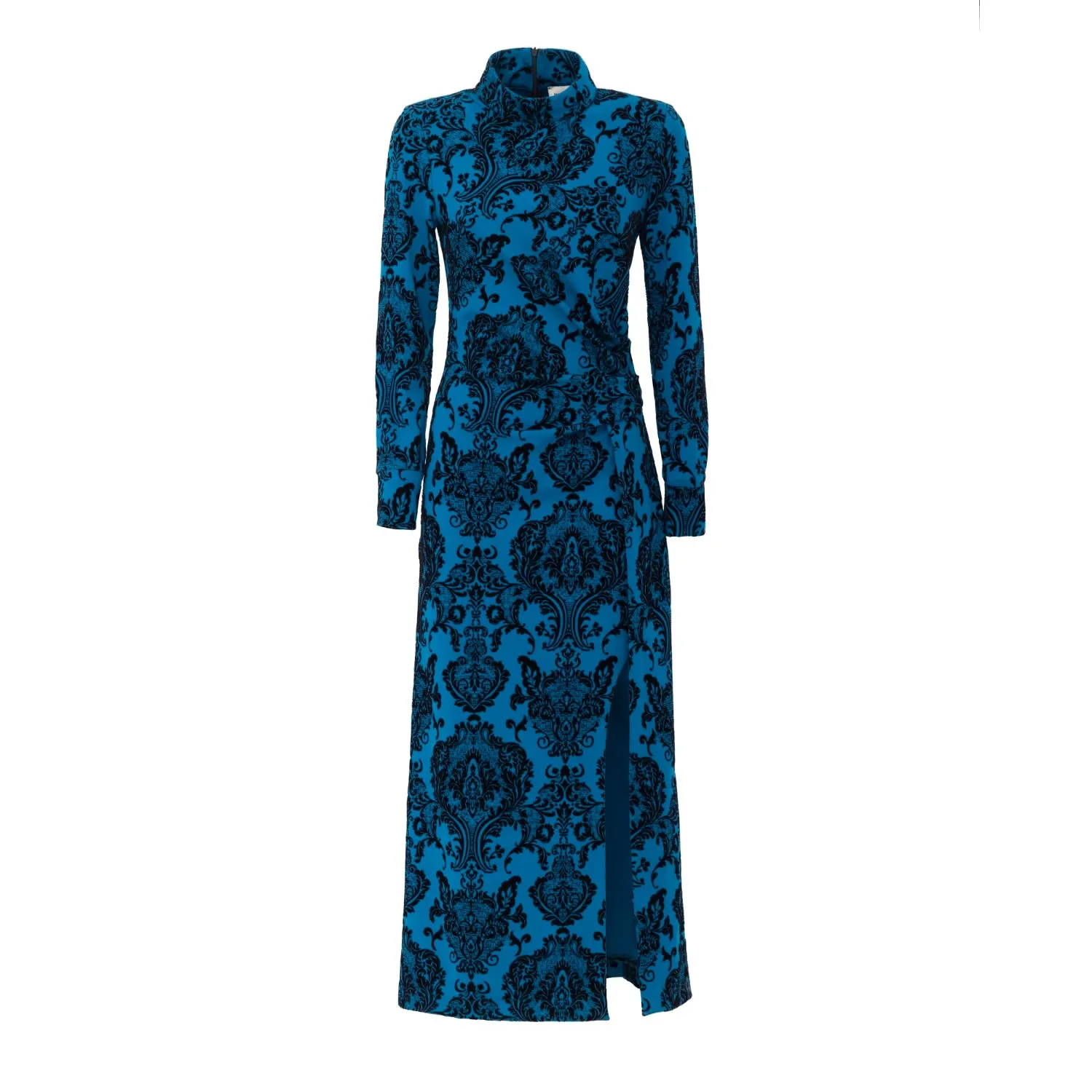 Elegant Long-Sleeve Dress With Velvet Pattern Blue