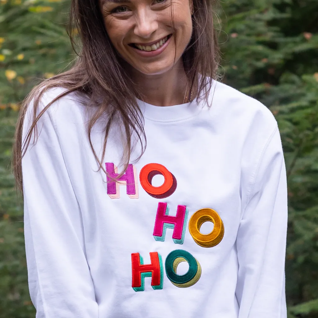 Embroidered HO HO HO Christmas Sweatshirt in White