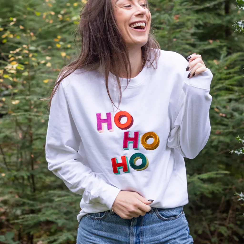 Embroidered HO HO HO Christmas Sweatshirt in White