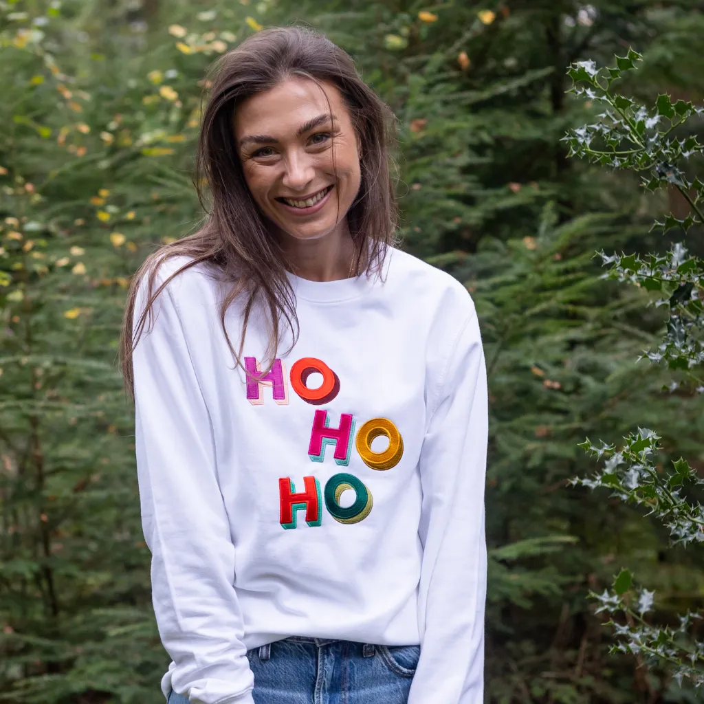 Embroidered HO HO HO Christmas Sweatshirt in White