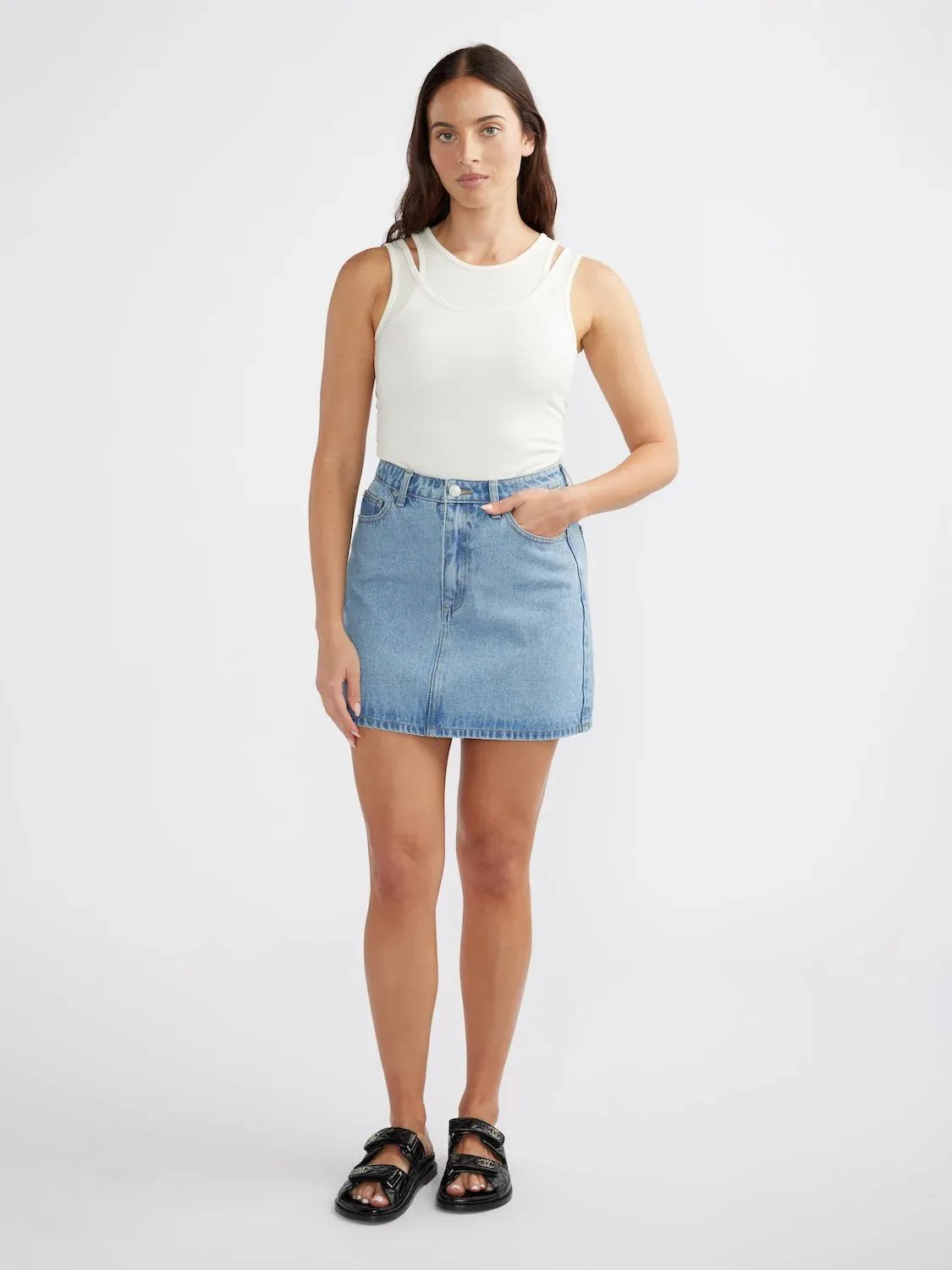 Ena Pelly - Reese Denim Mini Skirt (Mid Wash Blue)