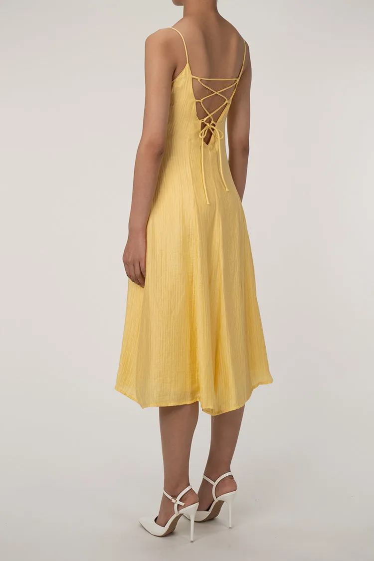 Flowy Square Neck Lace Up Backless Fit & Flare Gathered Midi Sundress