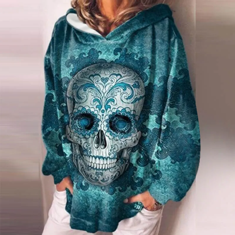 Gothic Skull Print Pullover Hoodie