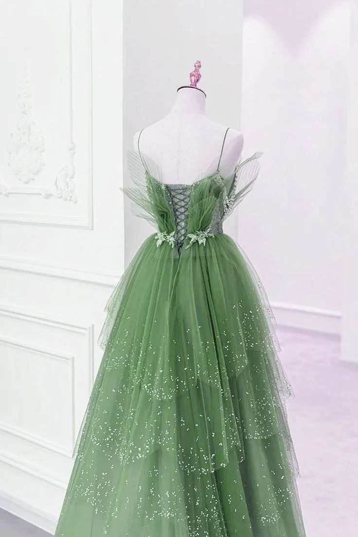 Green Layers Tulle Straps Beaded Long Party Dress, Green Long Formal Dress     fg4491