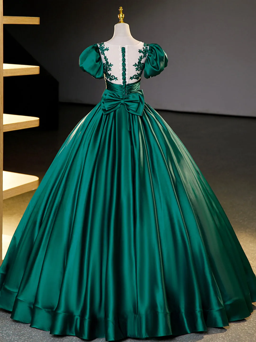 Green Satin Lace Floor Length Formal Dress, Short Sleeve A-Line Evening Dress