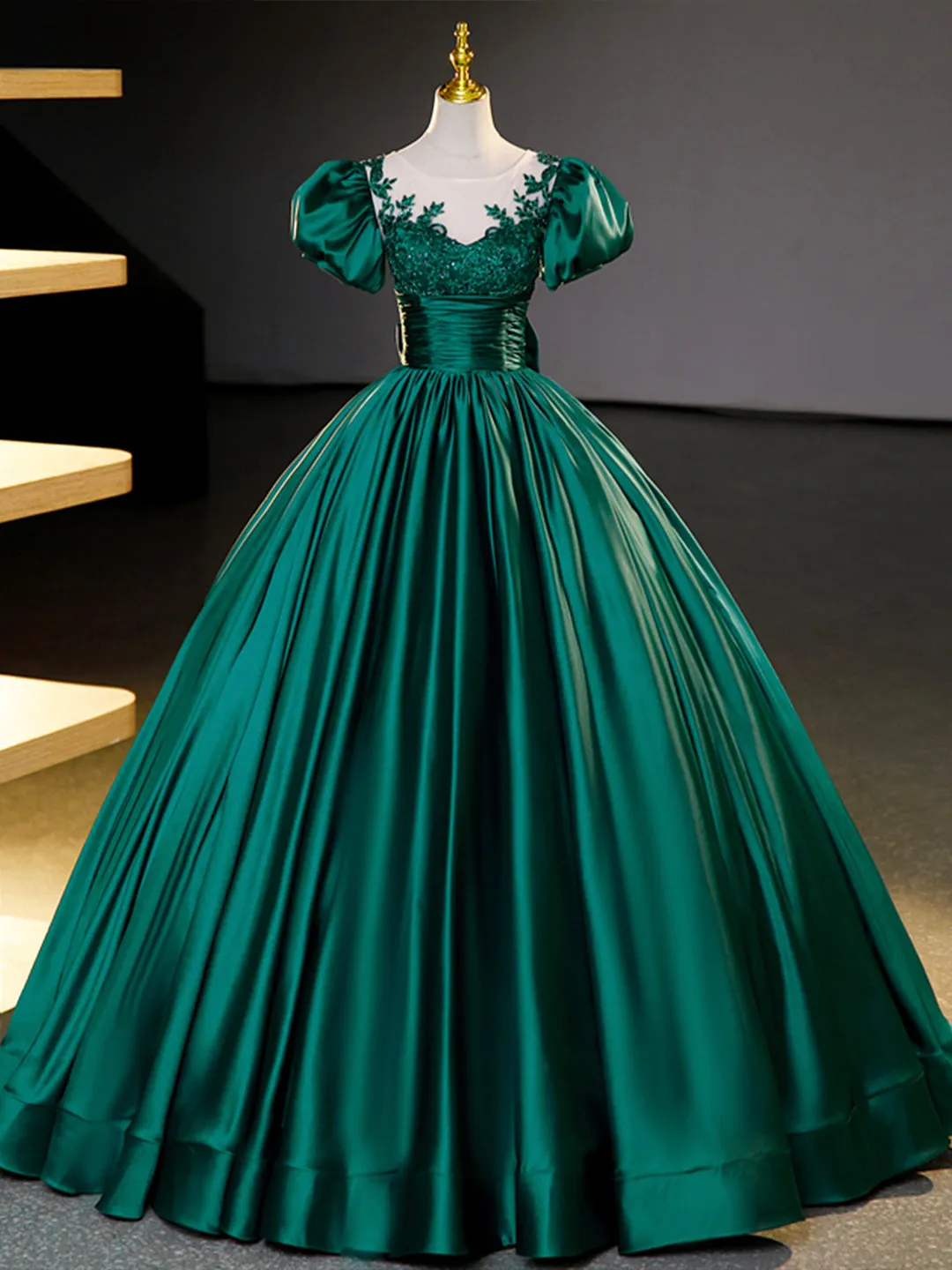 Green Satin Lace Floor Length Formal Dress, Short Sleeve A-Line Evening Dress