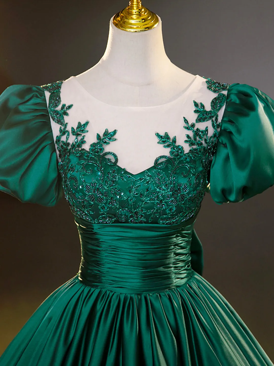 Green Satin Lace Floor Length Formal Dress, Short Sleeve A-Line Evening Dress