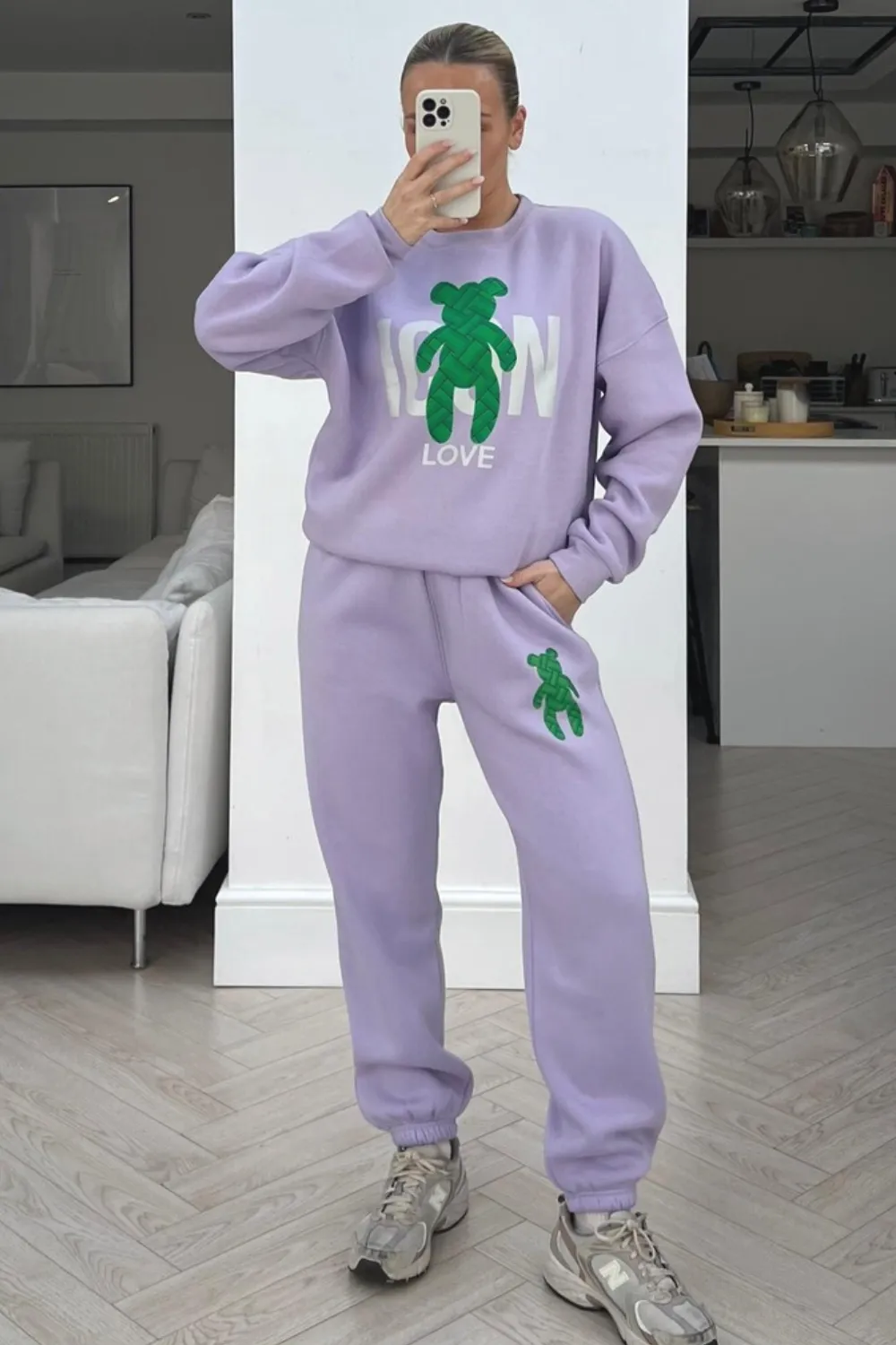 icon teddy lilac printed sweater loungewear set