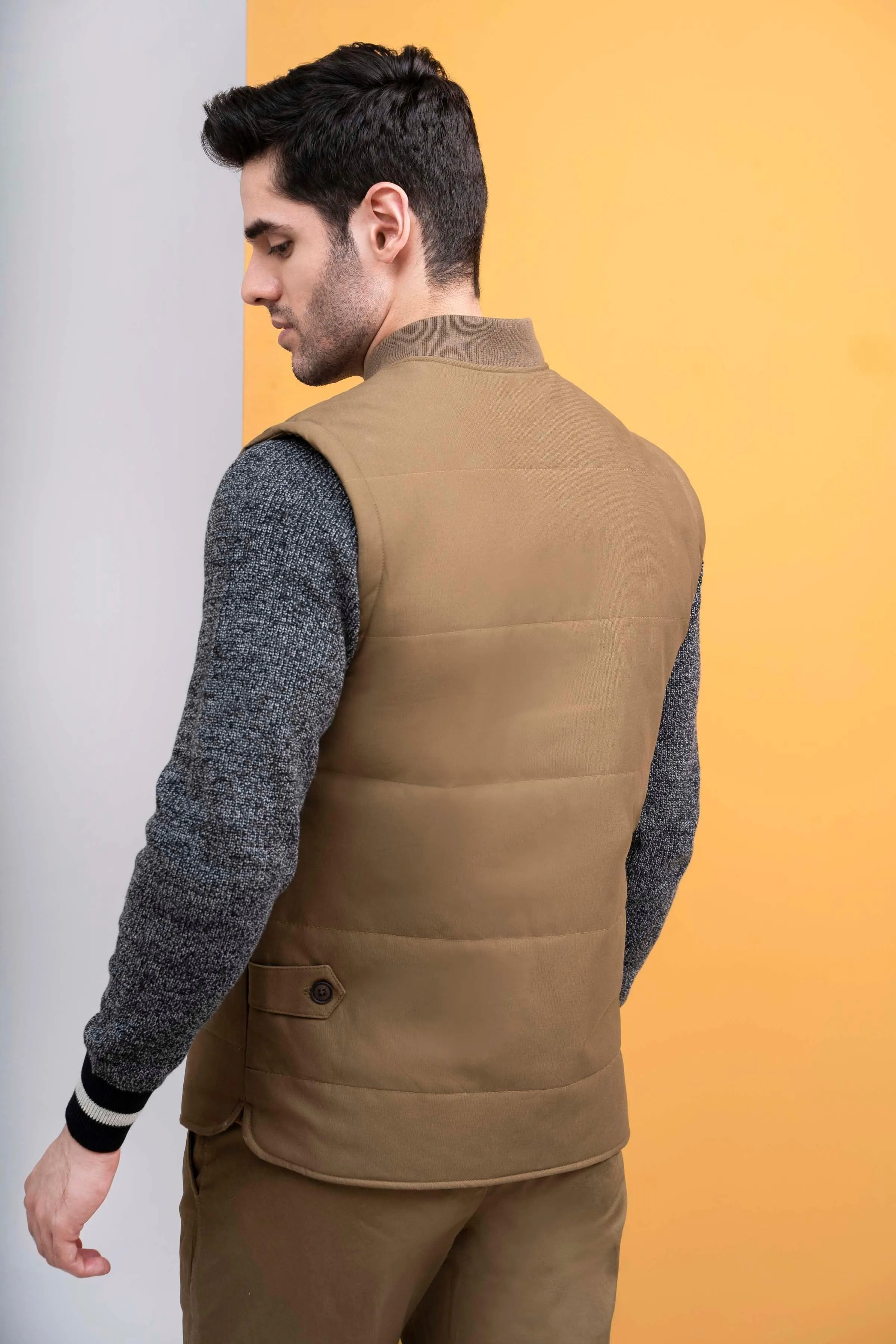 JACKET QUILTED WITH RIB BAN S/L DARK KHAKI