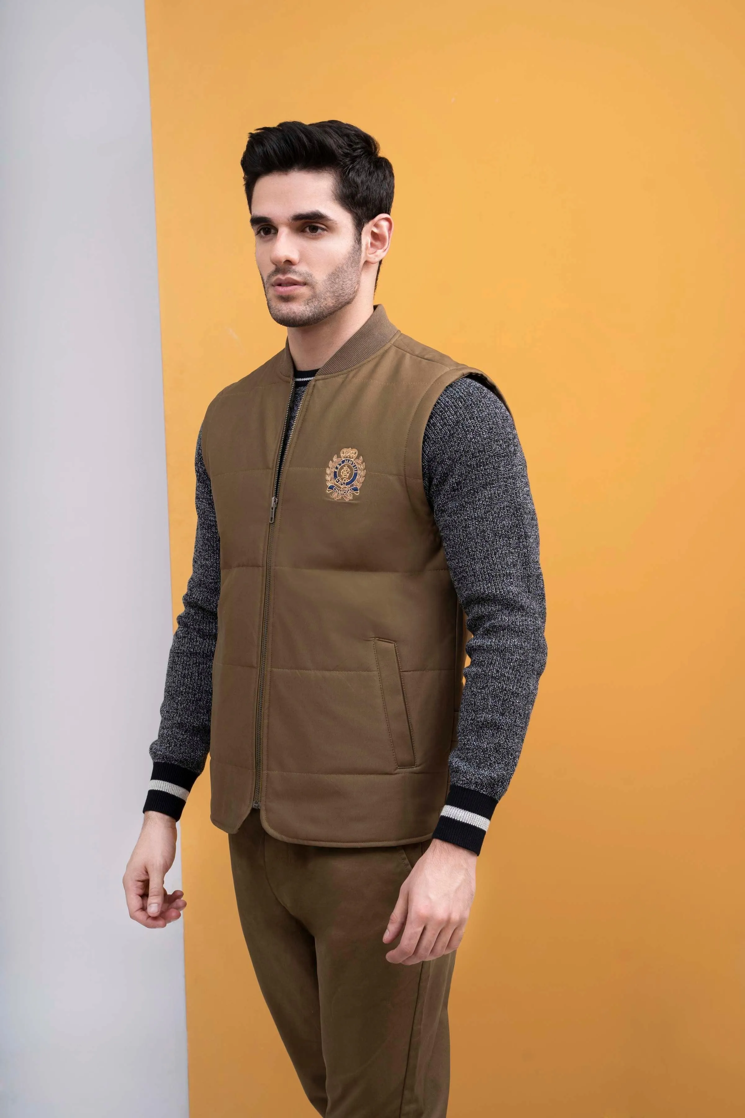 JACKET QUILTED WITH RIB BAN S/L DARK KHAKI