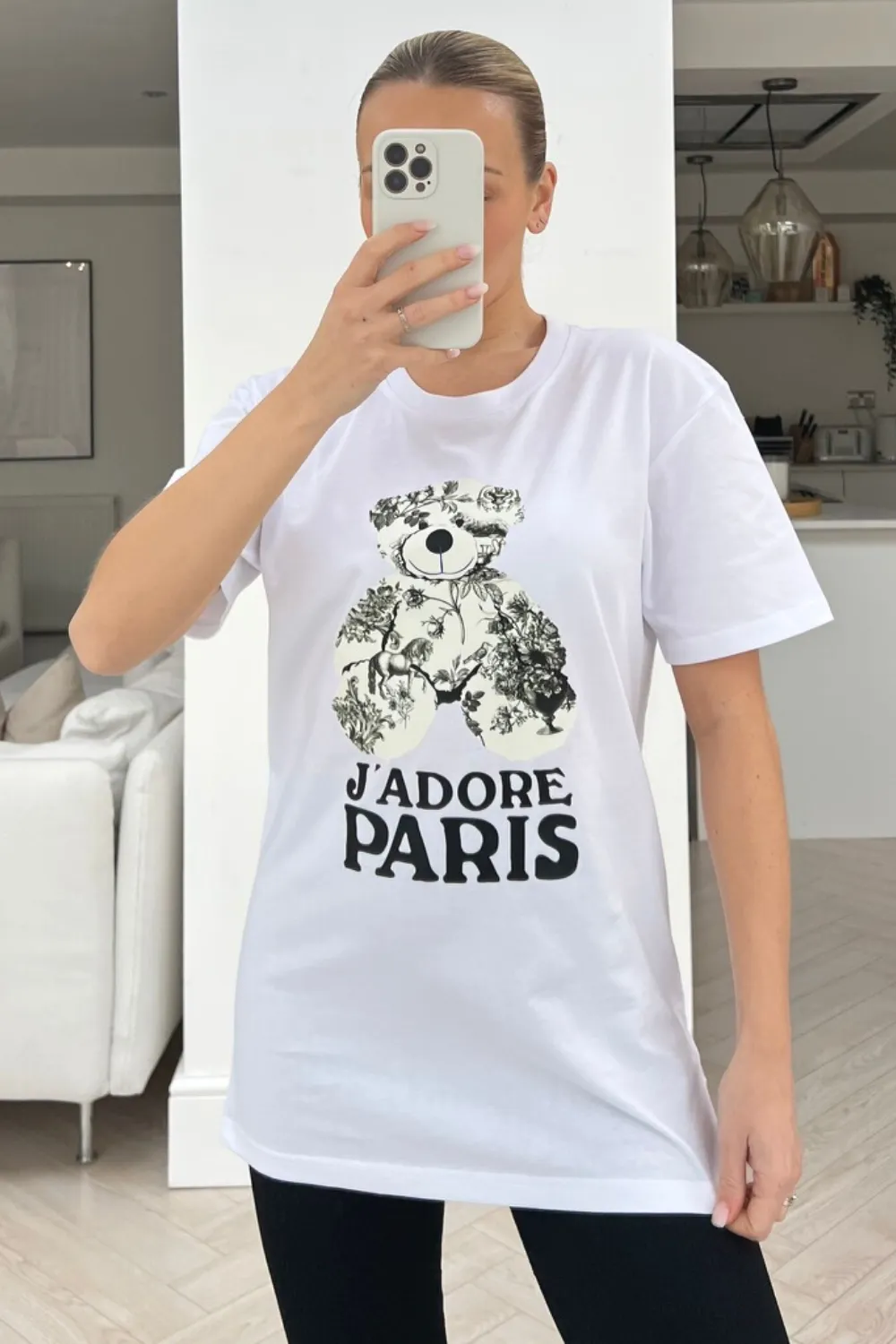 Jadore paris teddy white & black printed tee