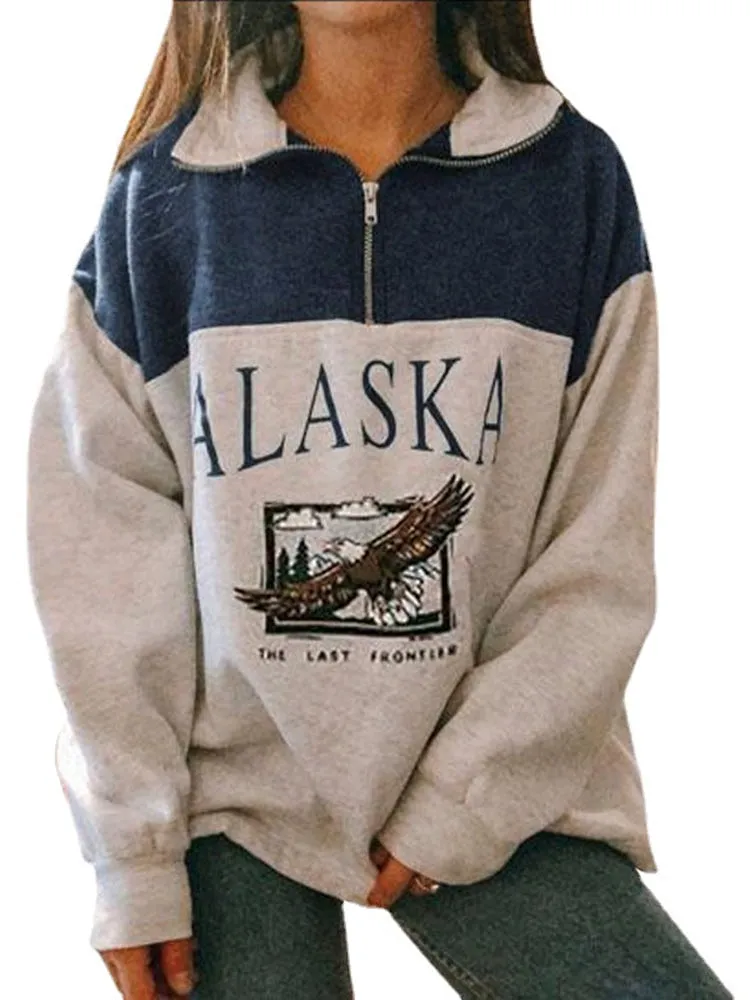 Joskaa Women Sweatshirt Oversized Letter Alaska Fashion Vintage POLO Collar Casual Pullovers Long Sleeves Winter Warm Fleece Cotton