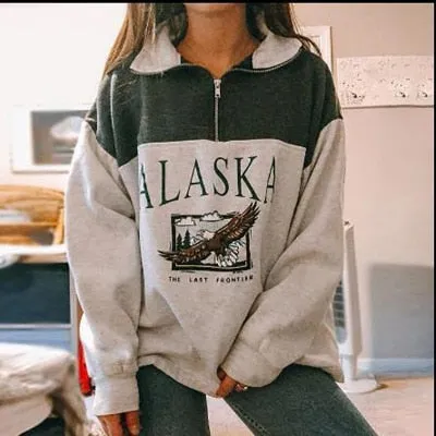 Joskaa Women Sweatshirt Oversized Letter Alaska Fashion Vintage POLO Collar Casual Pullovers Long Sleeves Winter Warm Fleece Cotton