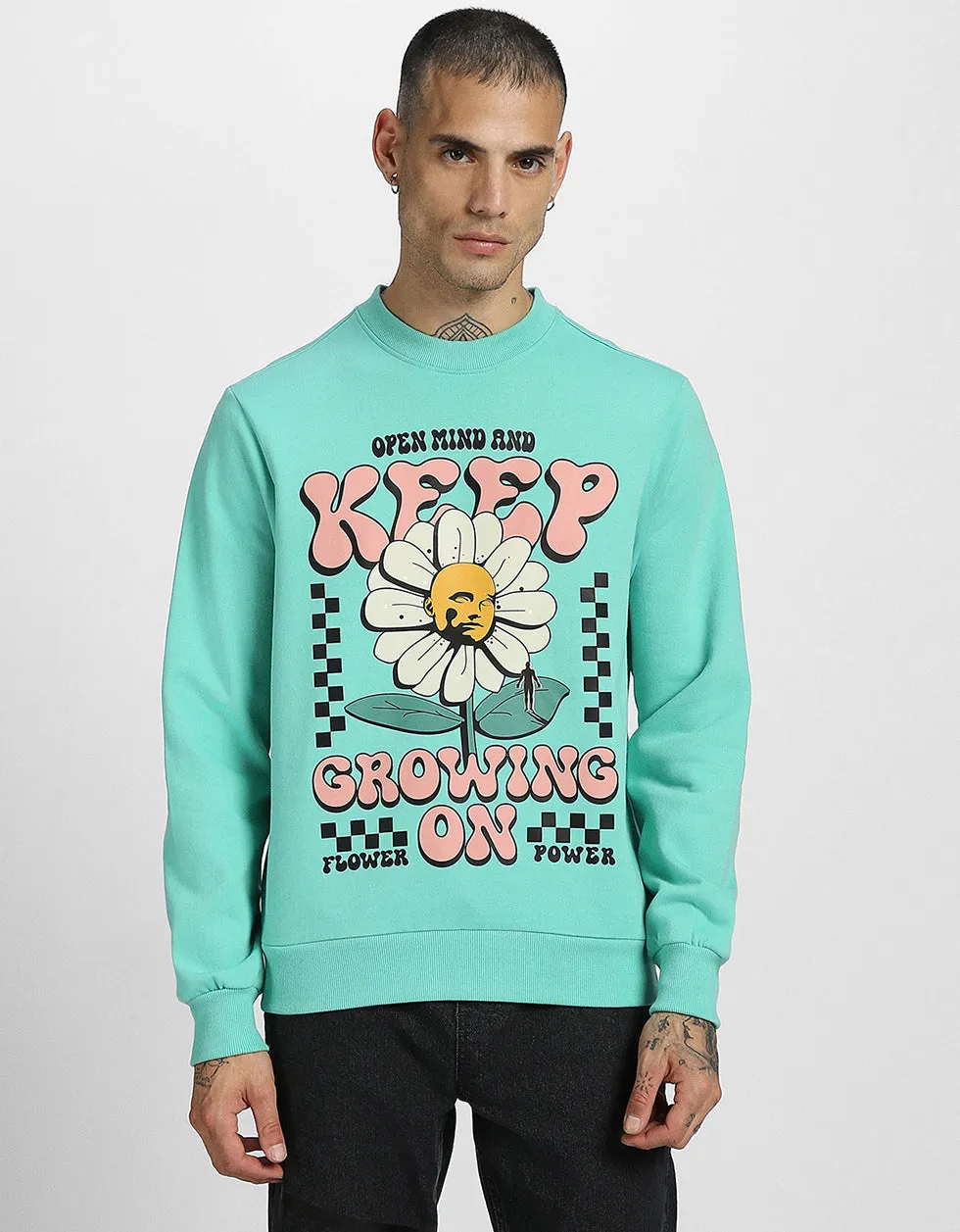 Keep Growing Green Front Typographic Printed Sweatshirt