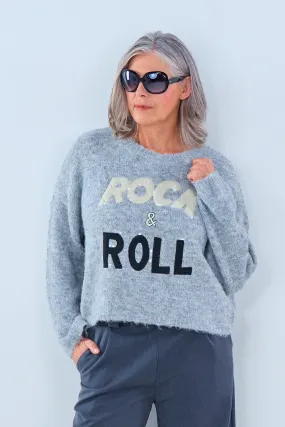 kurzer Strickpulli mit Rock&Roll-Schriftzug, grau