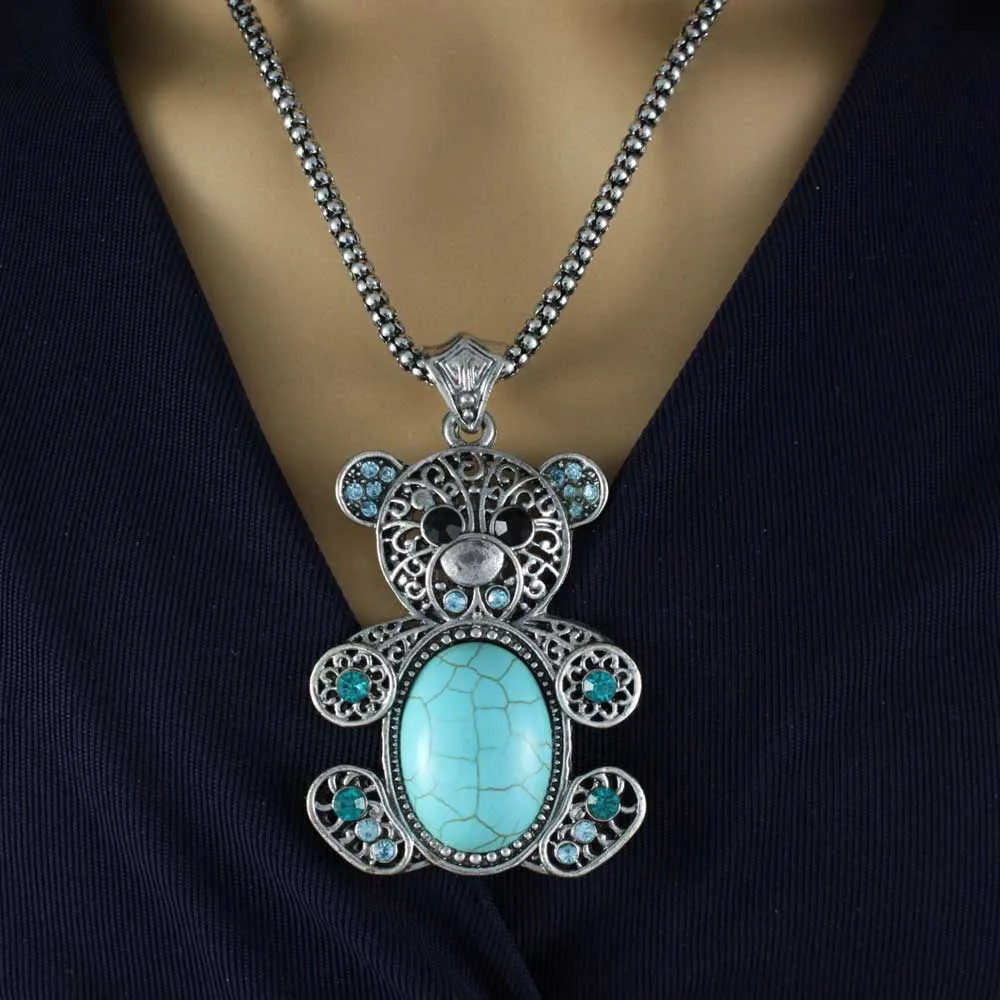 Large Turquoise Teddy Bear Pendant on Silver-tone Chain - PT509