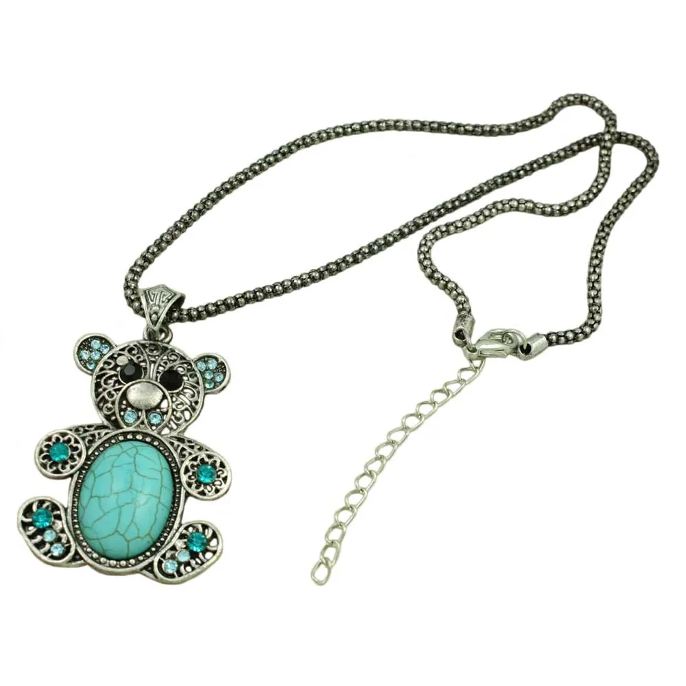 Large Turquoise Teddy Bear Pendant on Silver-tone Chain - PT509